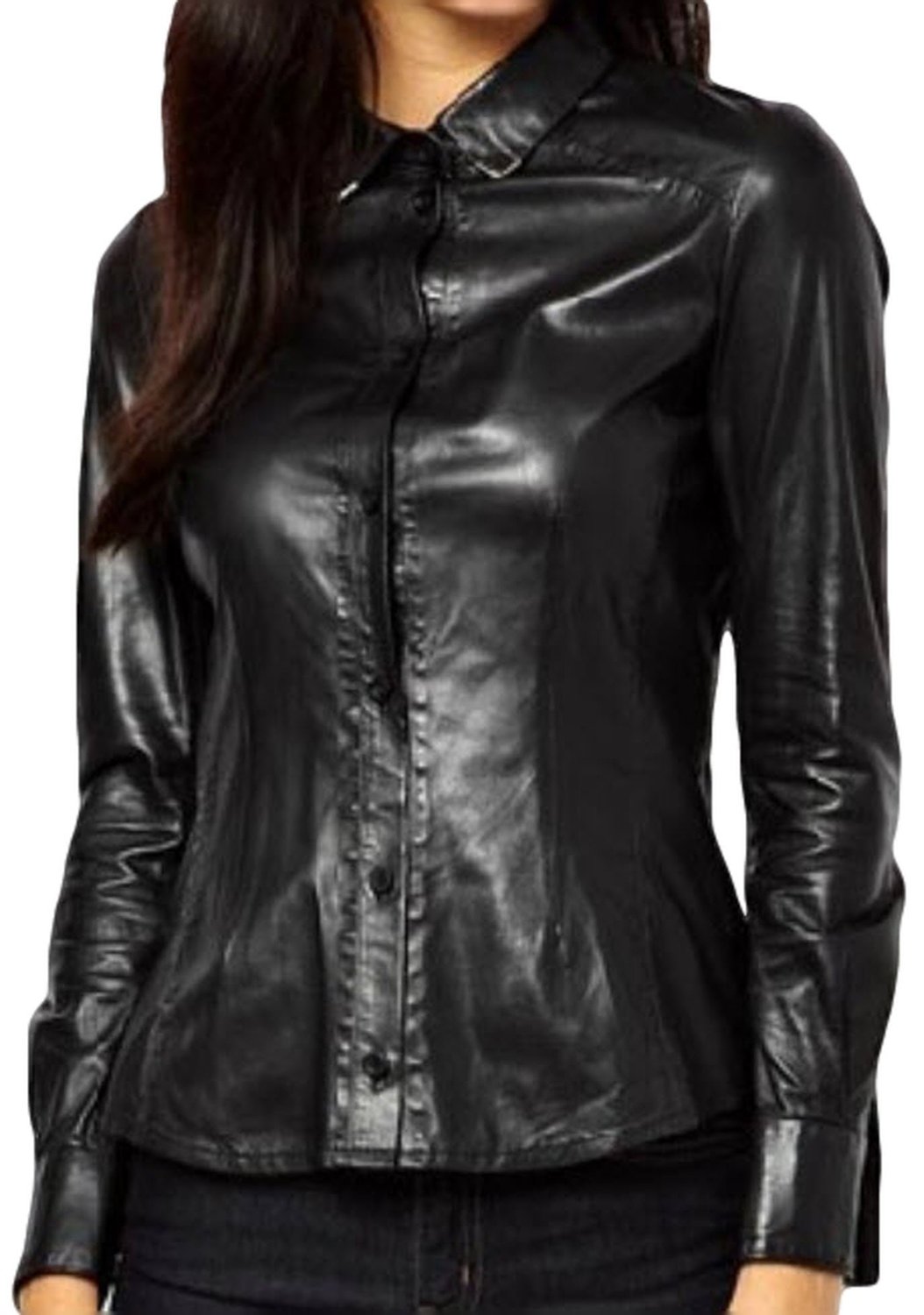 SKCUTE Women Long-sleeved PU Leather Stretch Slim blouse Black